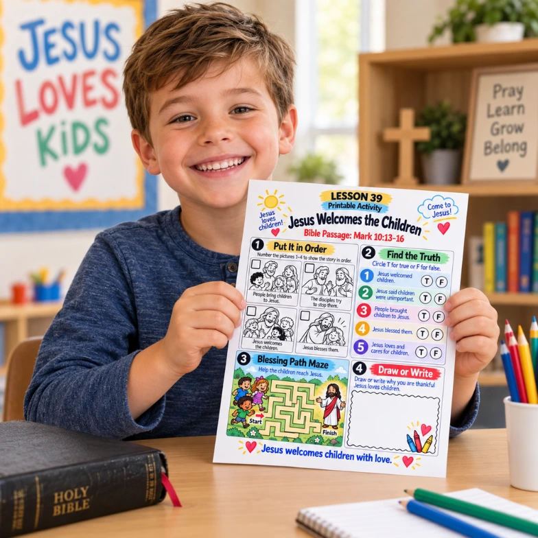 Child holding a Jesus Welcomes the Children printable activity